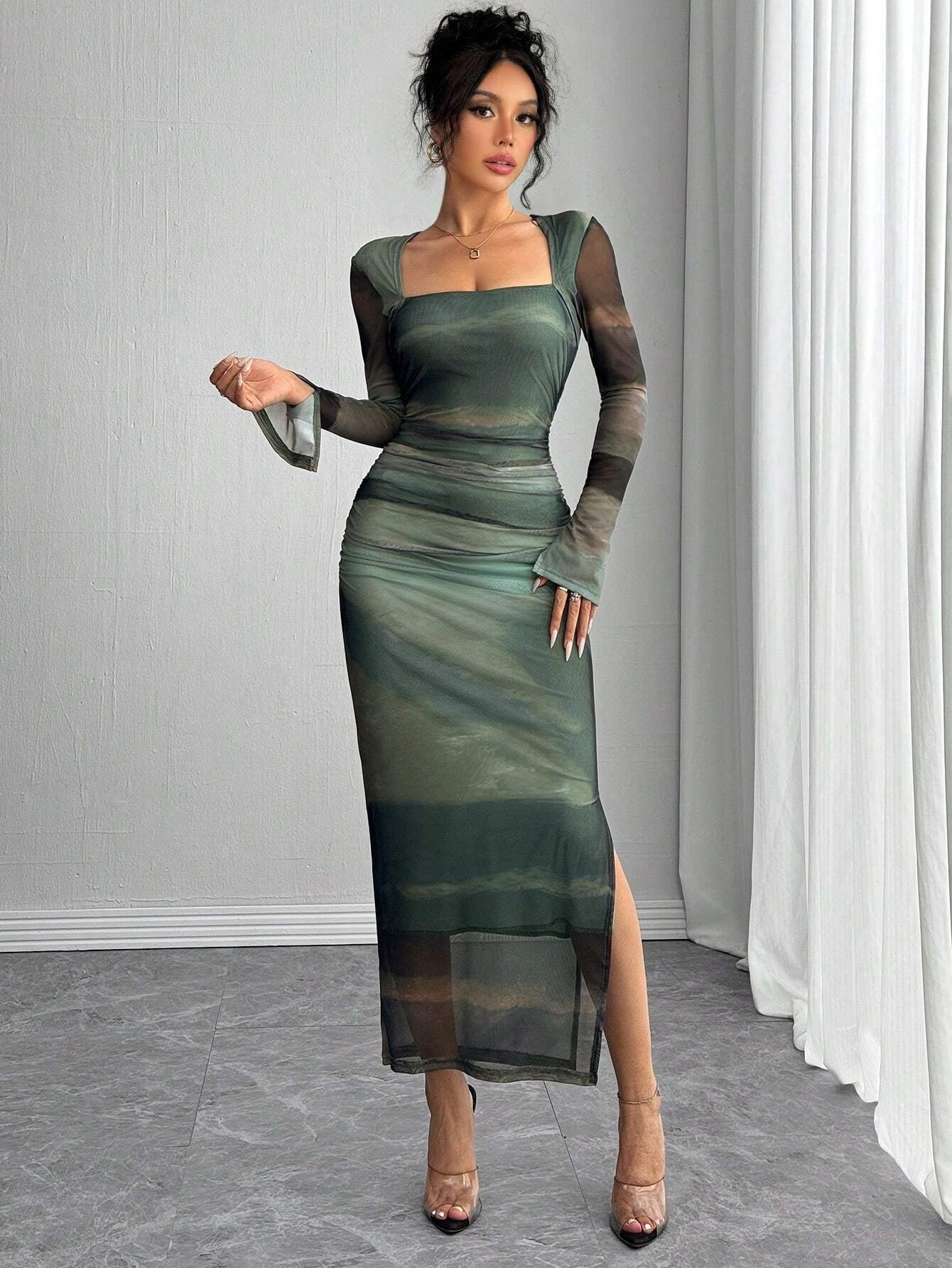 Fashzeo green abstract print mesh long dress with long sleeves, split cuffs, and a drawcord waist for women's party wear.