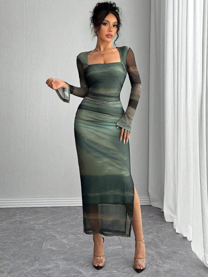 Fashzeo green abstract print mesh long dress with long sleeves, split cuffs, and a drawcord waist for women's party wear.