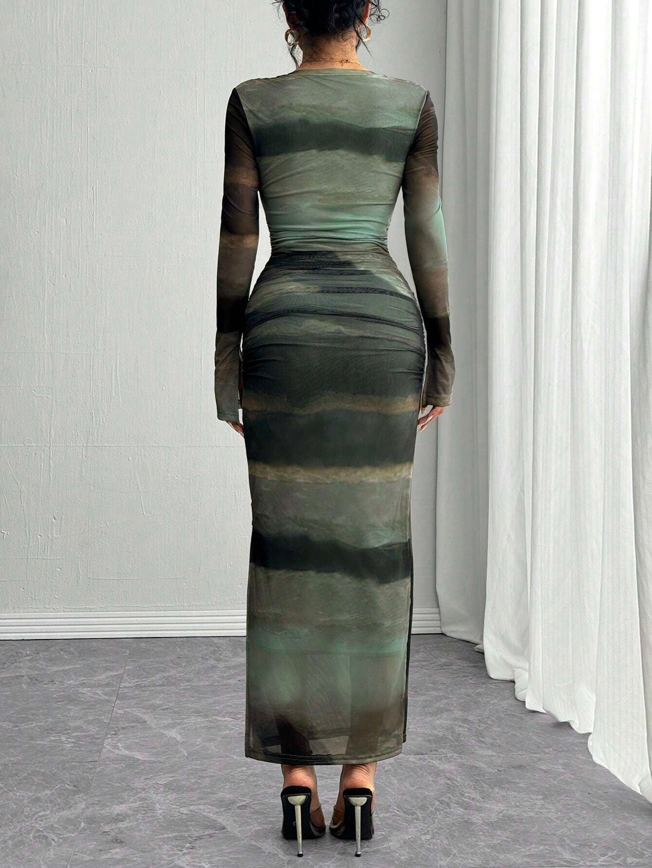 Fashzeo green abstract print mesh long dress with long sleeves, split cuffs, and a drawcord waist for women's party wear.