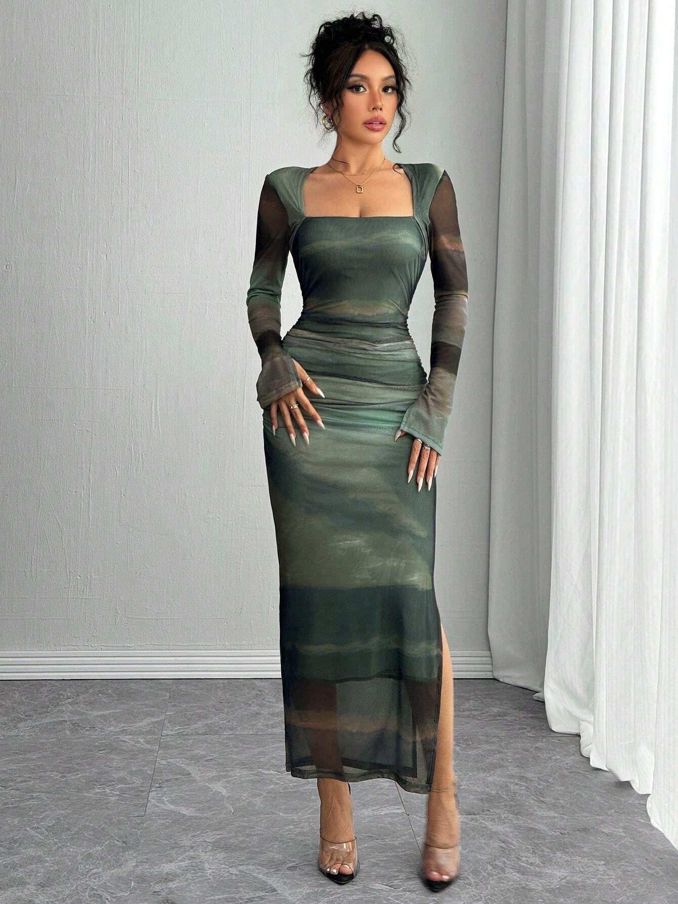 Fashzeo green abstract print mesh long dress with long sleeves, split cuffs, and a drawcord waist for women's party wear.