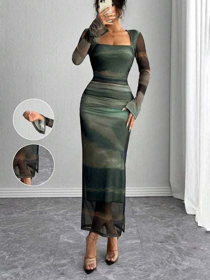 Fashzeo green abstract print mesh long dress with long sleeves, split cuffs, and a drawcord waist for women's party wear.