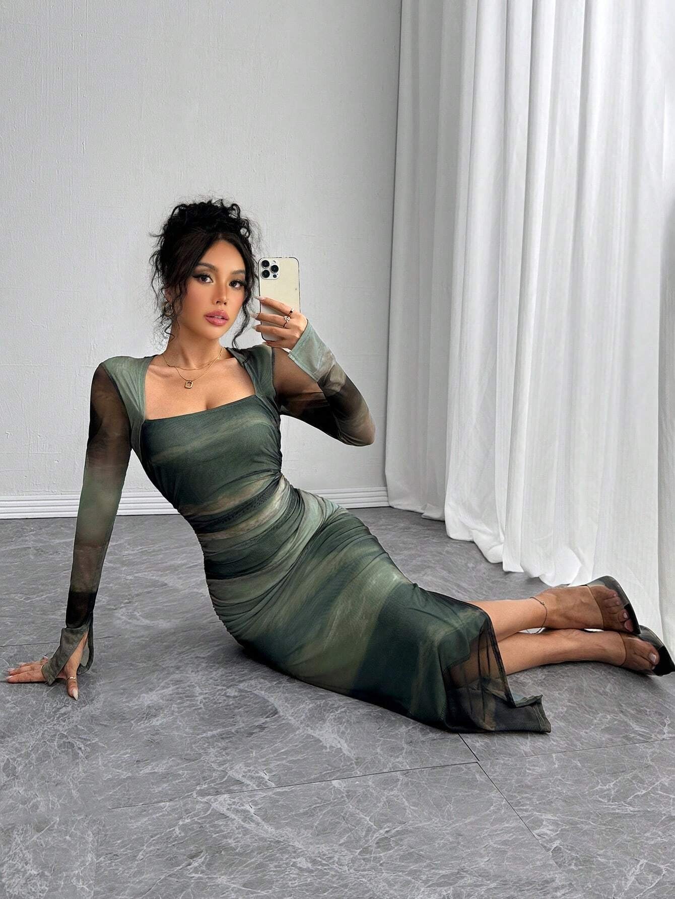 Fashzeo green abstract print mesh long dress with long sleeves, split cuffs, and a drawcord waist for women's party wear.
