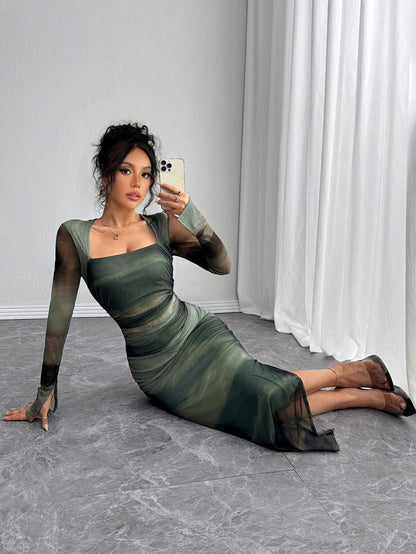 Fashzeo green abstract print mesh long dress with long sleeves, split cuffs, and a drawcord waist for women's party wear.