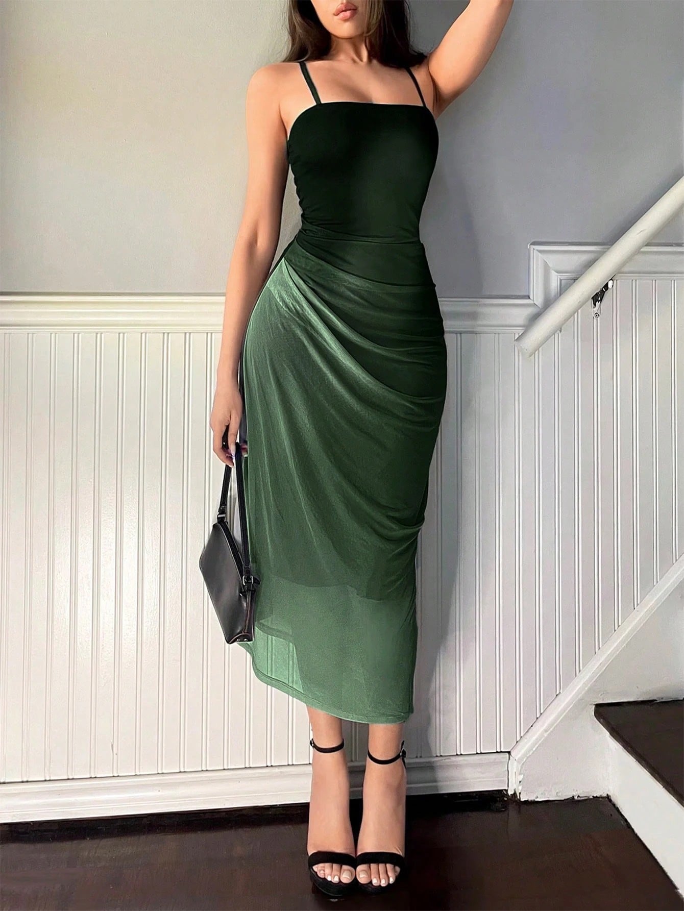 Fashzeo green ombre pleated long dress with a sunset gradient effect and delicate spaghetti straps for premium Indian fashion.