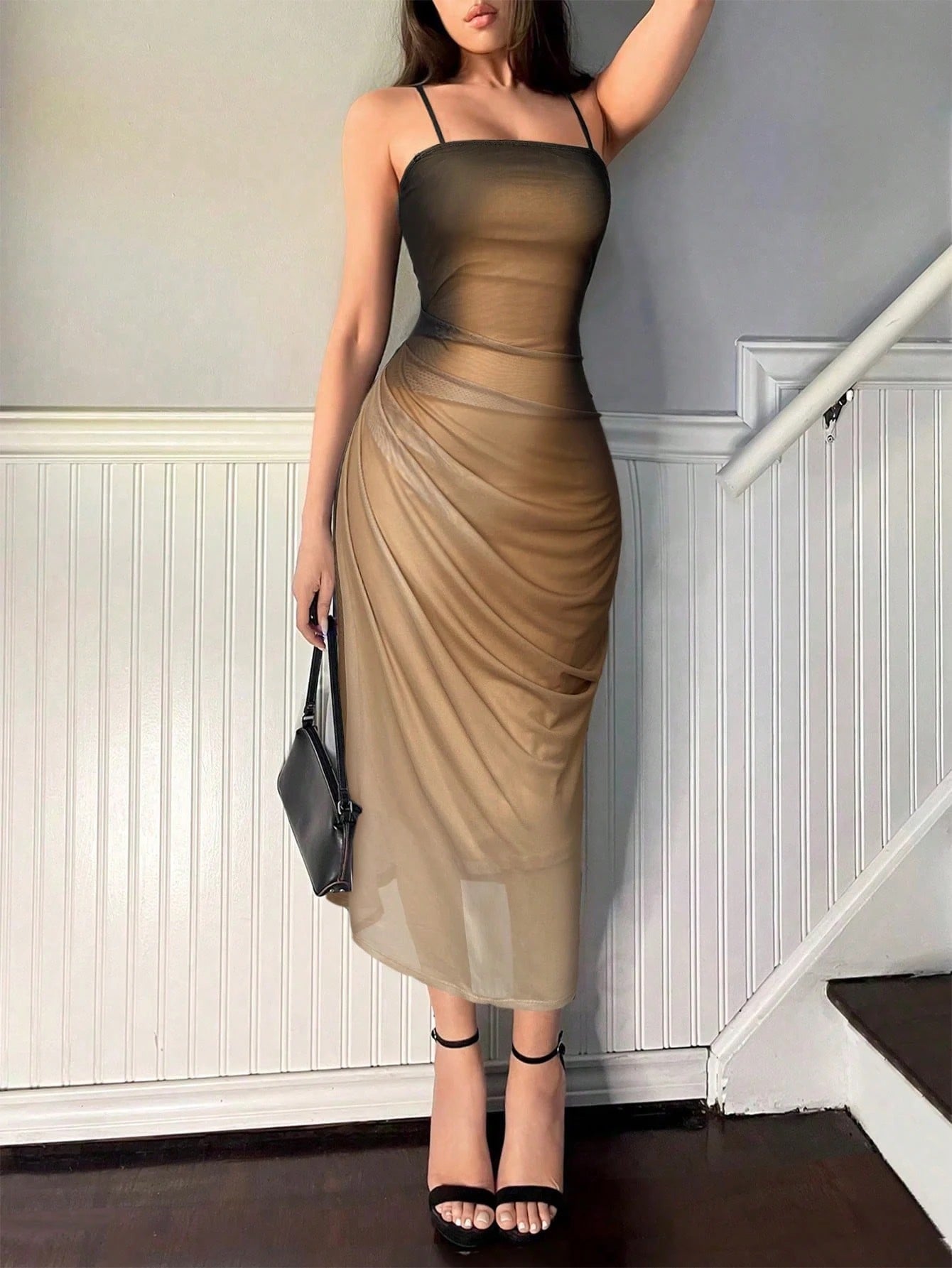Fashzeo khaki ombre pleated long dress with a sunset gradient effect and delicate spaghetti straps for premium Indian fashion.
