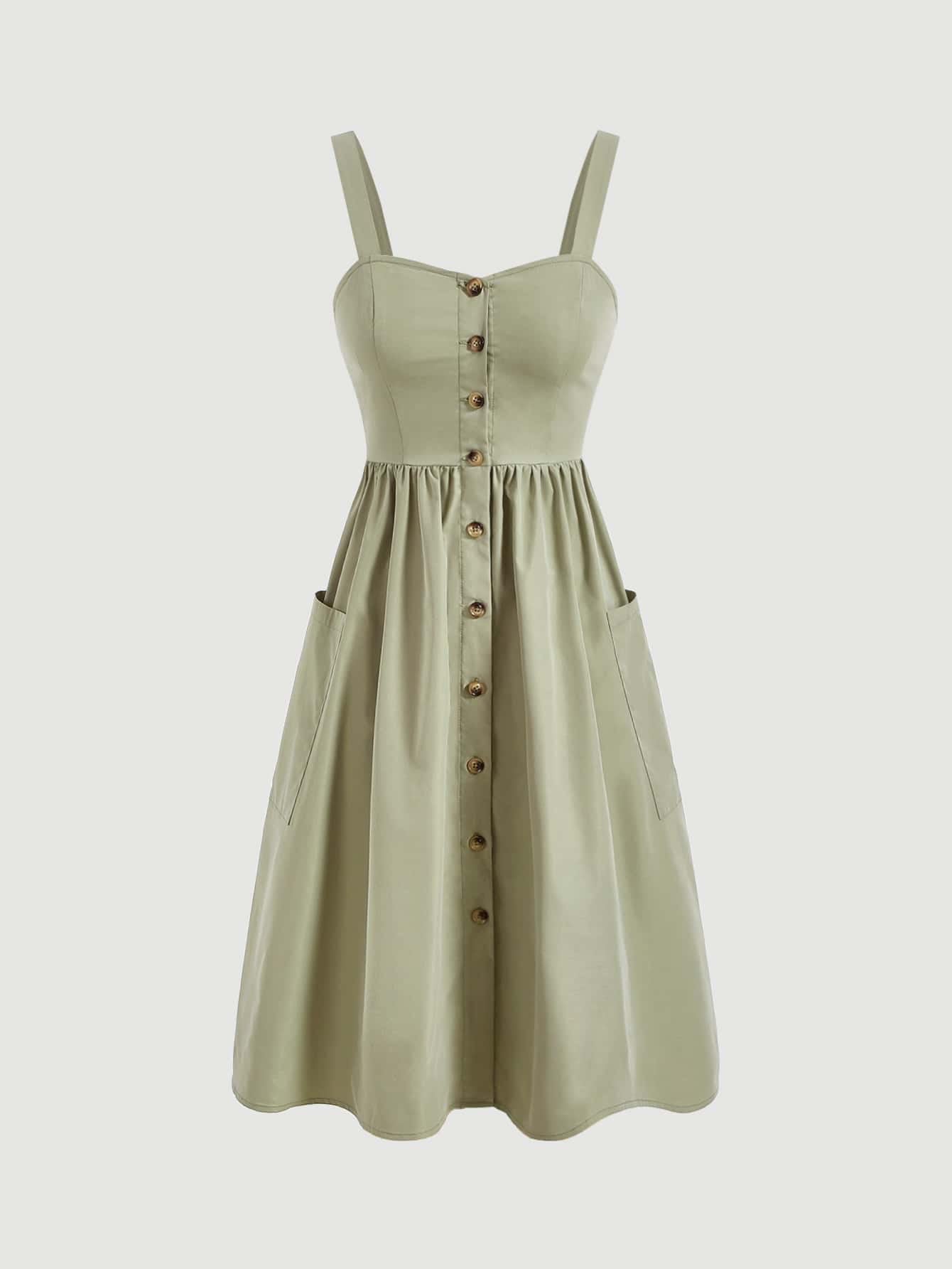Fashzeo lime green sleeveless button-front midi sundress with wide straps and functional side pockets for women summer fashion