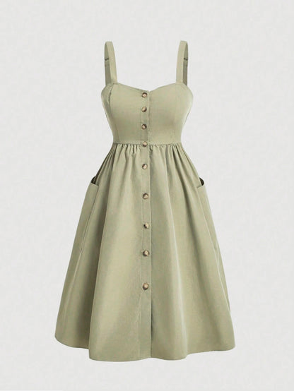 Fashzeo lime green sleeveless button-front midi sundress with wide straps and functional side pockets for women summer fashion4