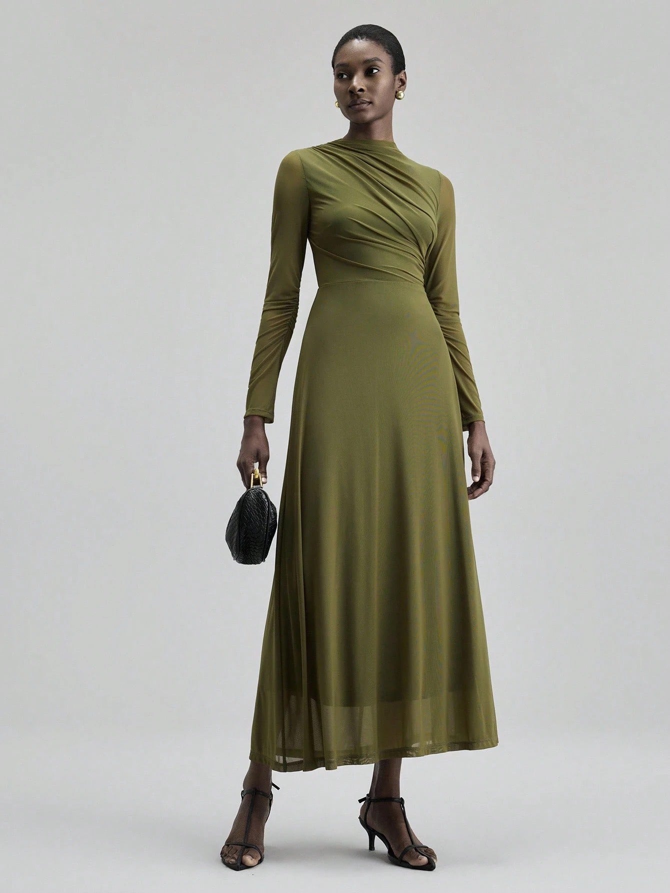 Fashzeo minimalist stand collar long dress in solid army green, designed for a sophisticated office-to-evening aesthetic.