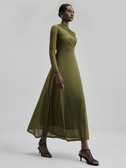 Fashzeo minimalist stand collar long dress in solid army green, designed for a sophisticated office-to-evening aesthetic.