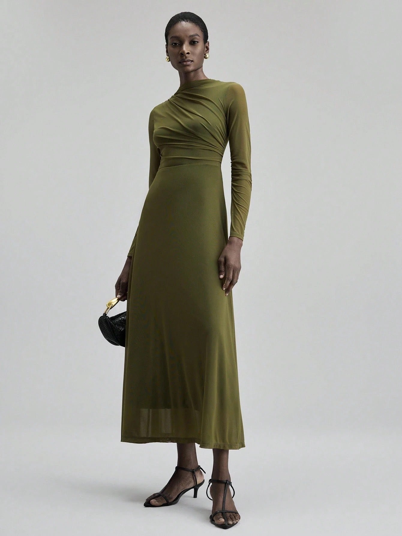 Fashzeo minimalist stand collar long dress in solid army green, designed for a sophisticated office-to-evening aesthetic.