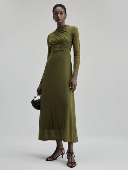 Fashzeo minimalist stand collar long dress in solid army green, designed for a sophisticated office-to-evening aesthetic.
