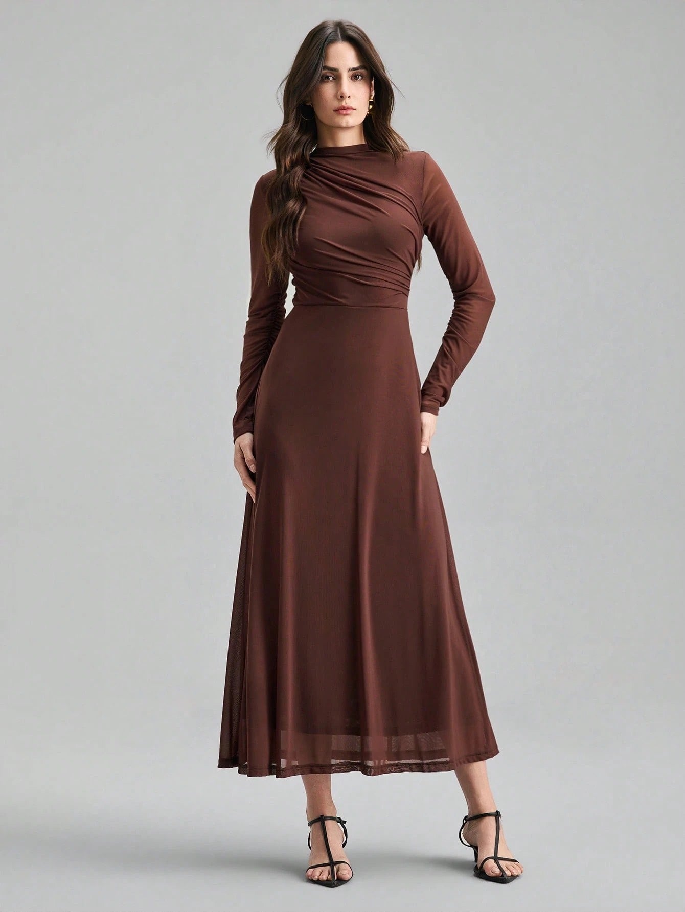 Fashzeo minimalist stand collar long dress in solid brown, designed for a sophisticated office-to-evening aesthetic.