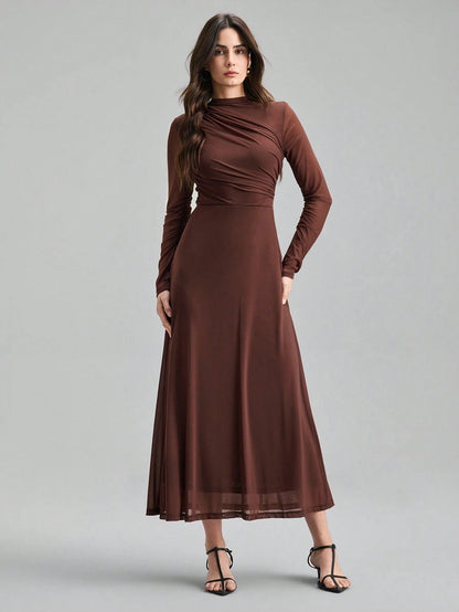 Fashzeo minimalist stand collar long dress in solid brown, designed for a sophisticated office-to-evening aesthetic.