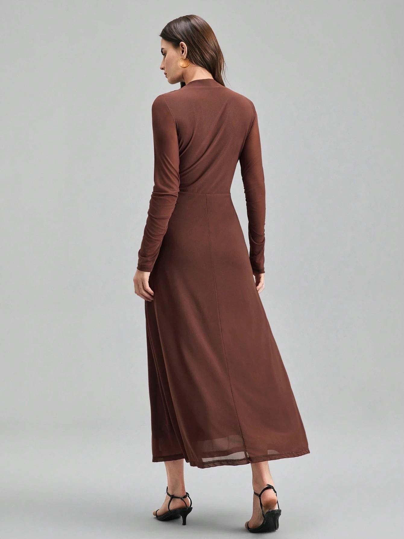 Fashzeo minimalist stand collar long dress in solid brown, designed for a sophisticated office-to-evening aesthetic.