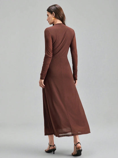 Fashzeo minimalist stand collar long dress in solid brown, designed for a sophisticated office-to-evening aesthetic.
