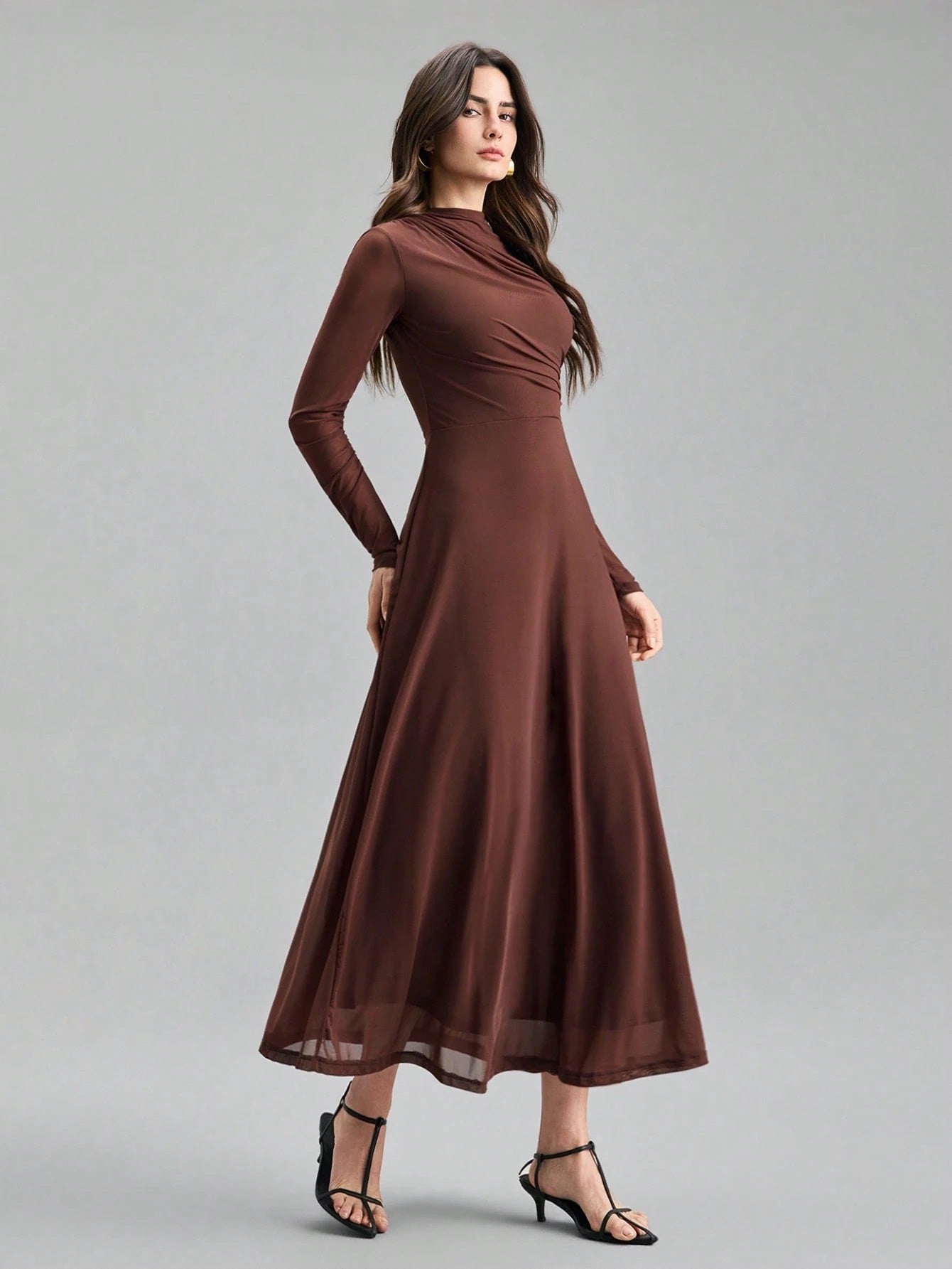 Fashzeo minimalist stand collar long dress in solid brown, designed for a sophisticated office-to-evening aesthetic.