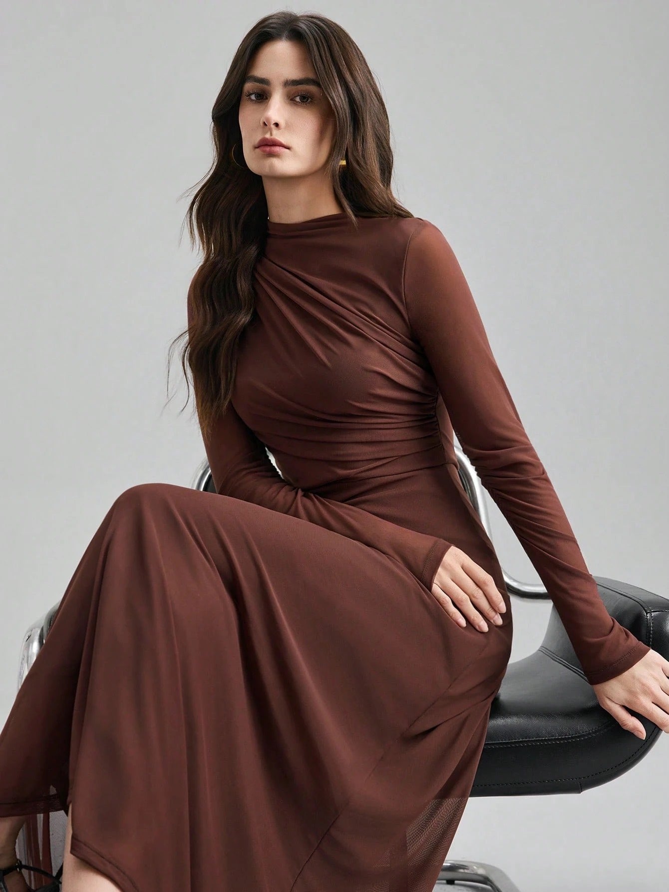 Fashzeo minimalist stand collar long dress in solid brown, designed for a sophisticated office-to-evening aesthetic.