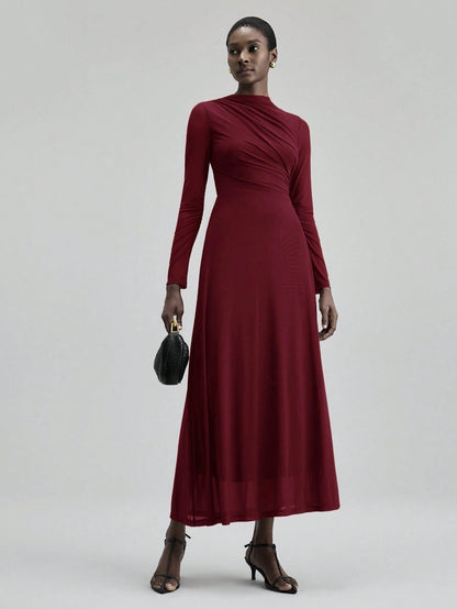Fashzeo minimalist stand collar long dress in solid burgundy, designed for a sophisticated office-to-evening aesthetic.
