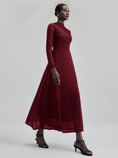 Fashzeo minimalist stand collar long dress in solid burgundy, designed for a sophisticated office-to-evening aesthetic.