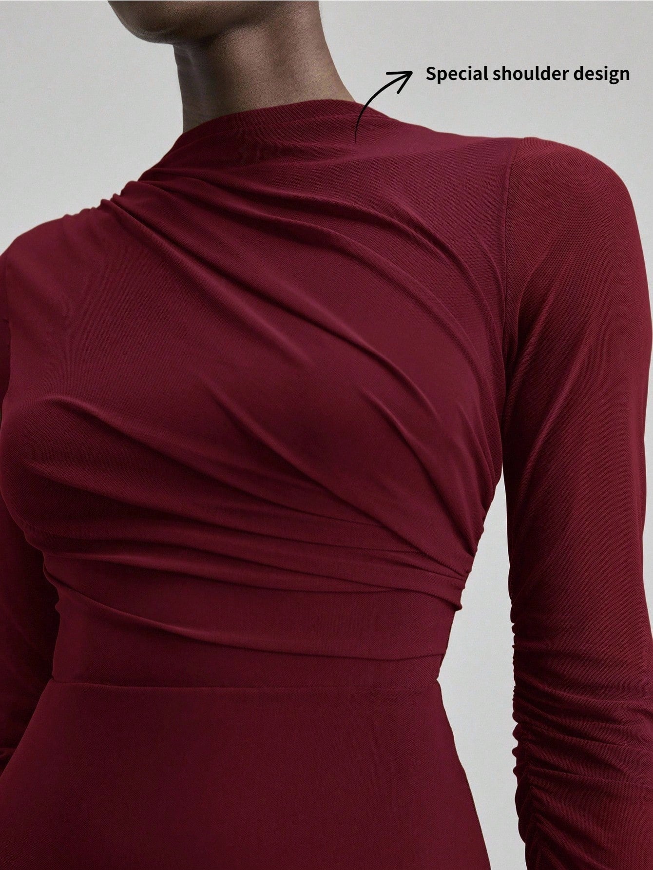 Fashzeo minimalist stand collar long dress in solid burgundy, designed for a sophisticated office-to-evening aesthetic.