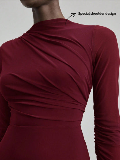 Fashzeo minimalist stand collar long dress in solid burgundy, designed for a sophisticated office-to-evening aesthetic.