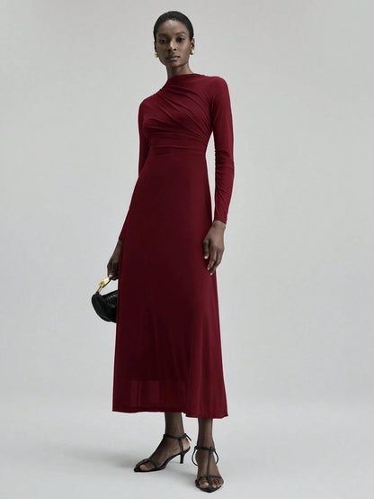 Fashzeo minimalist stand collar long dress in solid burgundy, designed for a sophisticated office-to-evening aesthetic.