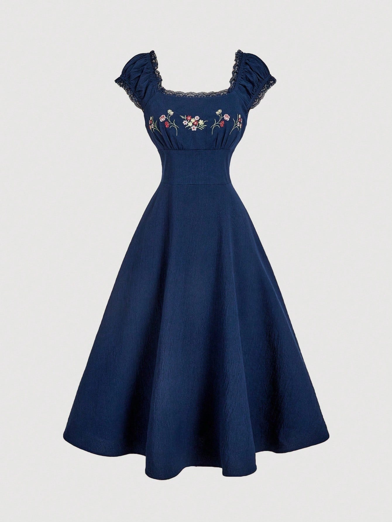 Fashzeo navy blue embroidered midi dress with contrast lace square neck and puff shell sleeves.