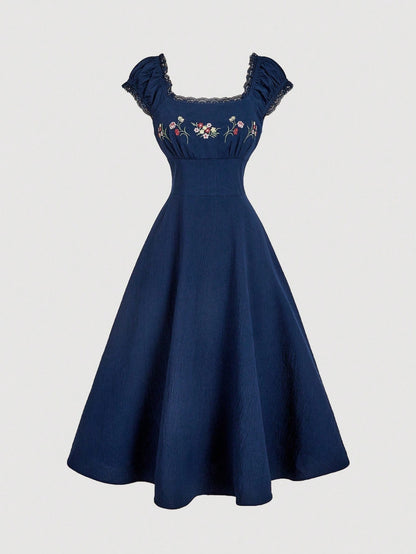 Fashzeo navy blue embroidered midi dress with contrast lace square neck and puff shell sleeves.
