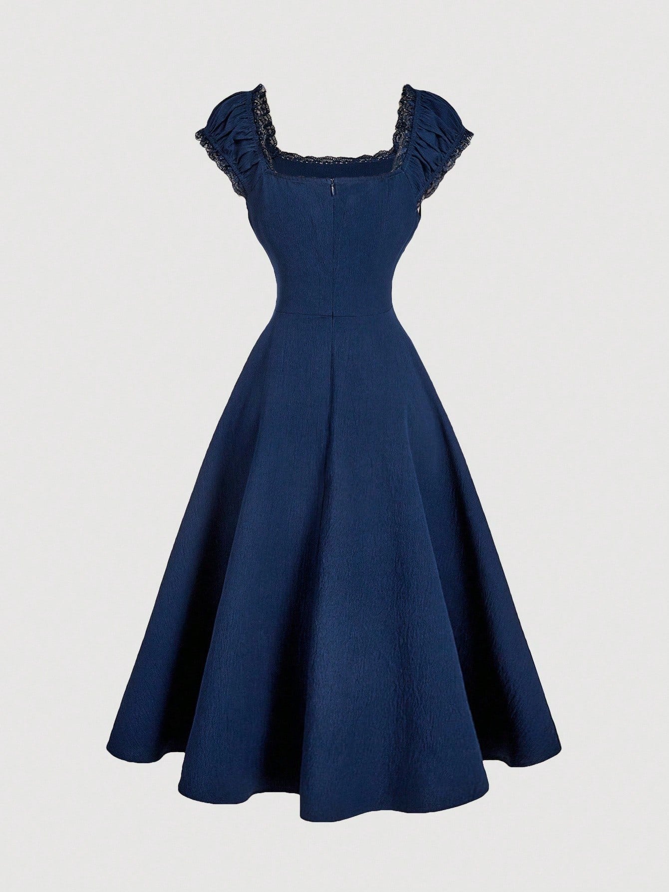 Fashzeo navy blue embroidered midi dress with contrast lace square neck and puff shell sleeves1