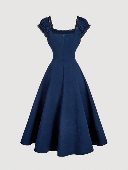 Fashzeo navy blue embroidered midi dress with contrast lace square neck and puff shell sleeves1