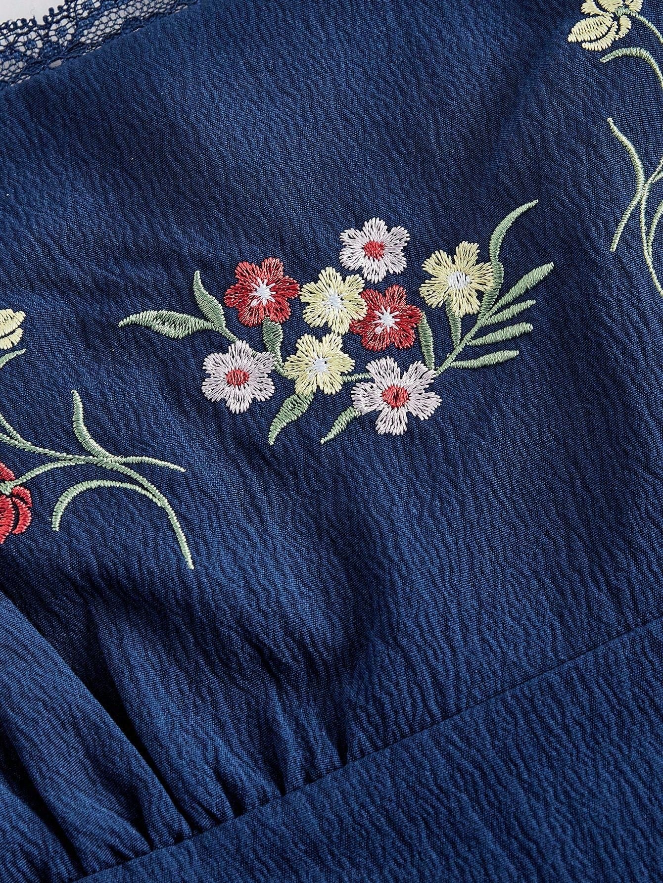 Fashzeo navy blue embroidered midi dress with contrast lace square neck and puff shell sleeves2