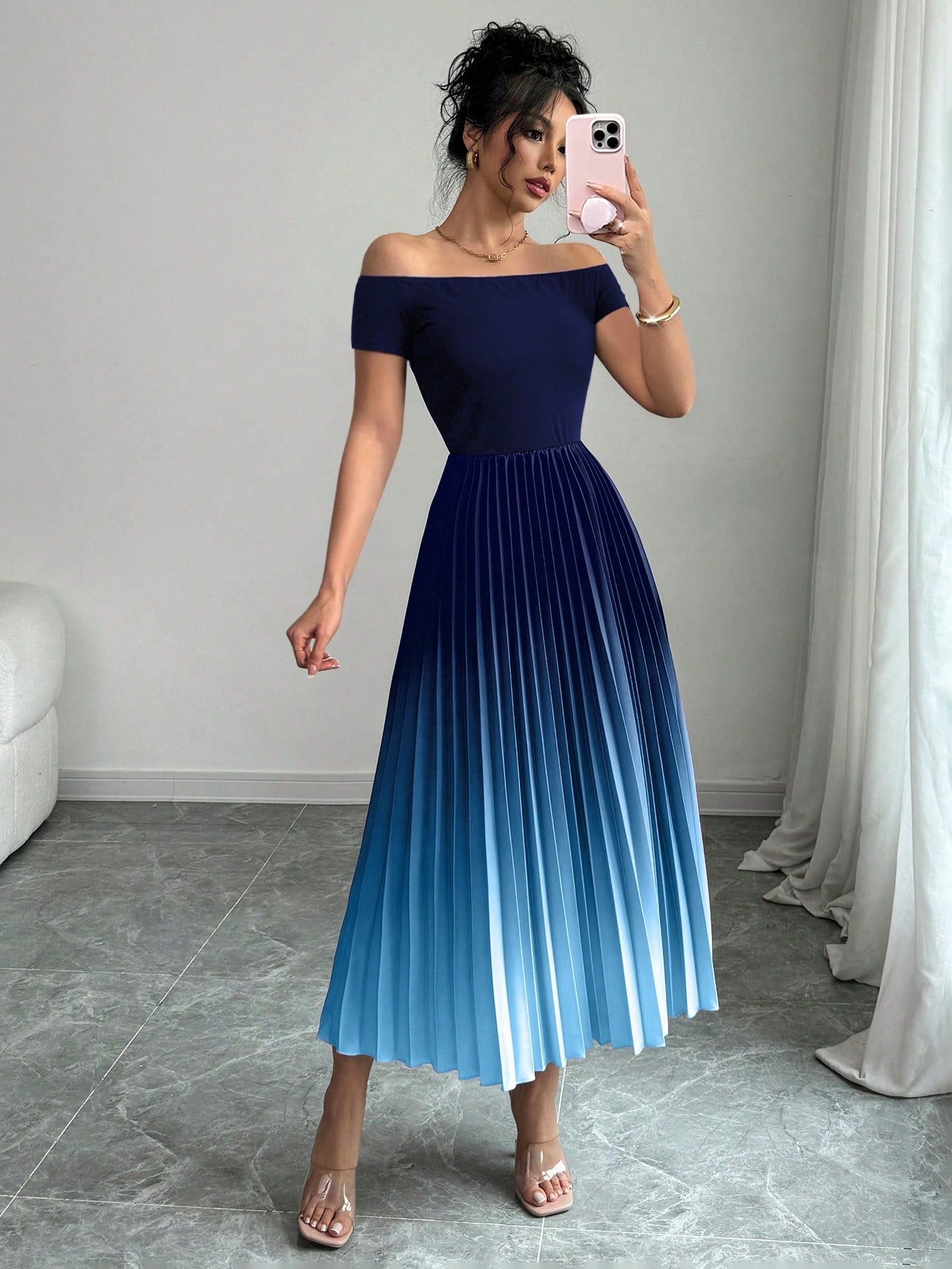 Fashzeo navy blue gradient off-shoulder maxi dress with a draped waist-cinched silhouette for an elegant evening party look.