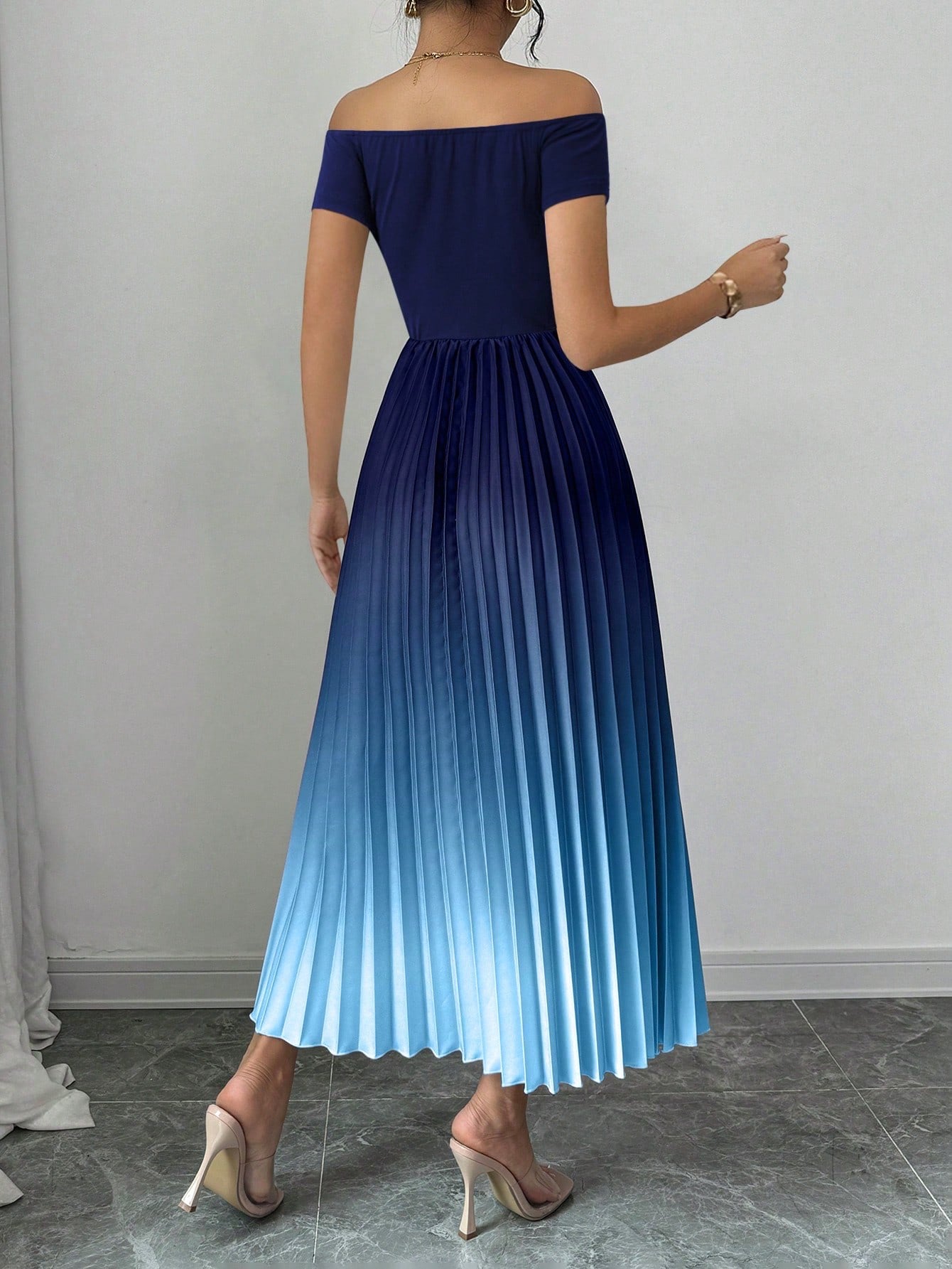 Fashzeo navy blue gradient off-shoulder maxi dress with a draped waist-cinched silhouette for an elegant evening party look