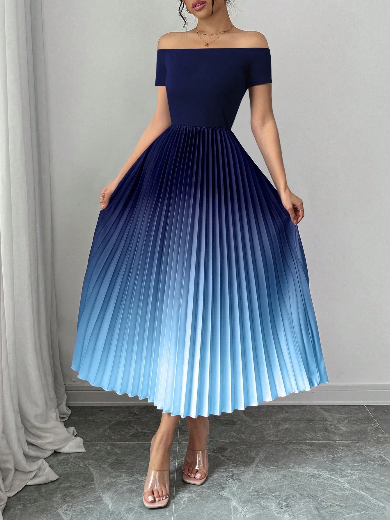 Fashzeo navy blue gradient off-shoulder maxi dress with a draped waist-cinched silhouette for an elegant evening party look