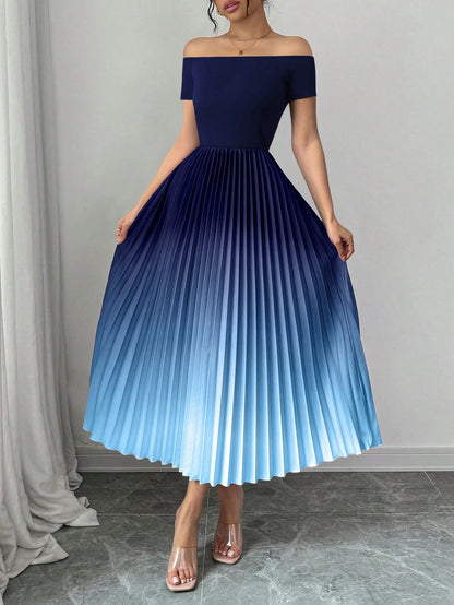 Fashzeo navy blue gradient off-shoulder maxi dress with a draped waist-cinched silhouette for an elegant evening party look