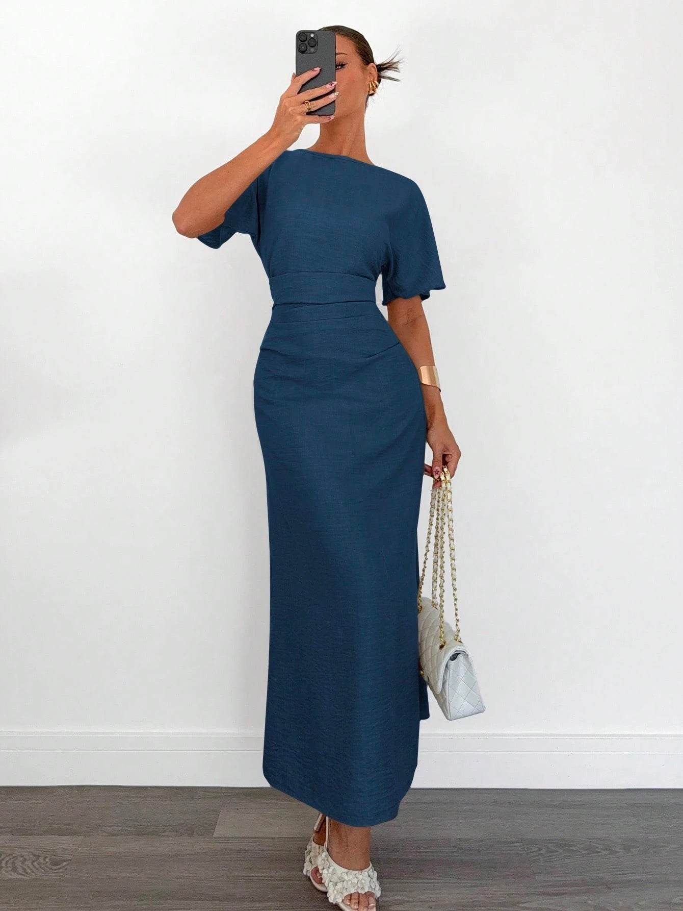 Fashzeo navy blue linen blend long dress featuring a square neck, high slit, and ruffled fishtail hem for a quiet luxury aesthetic.