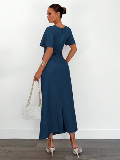 Fashzeo navy blue linen blend long dress featuring a square neck, high slit, and ruffled fishtail hem for a quiet luxury aesthetic.1