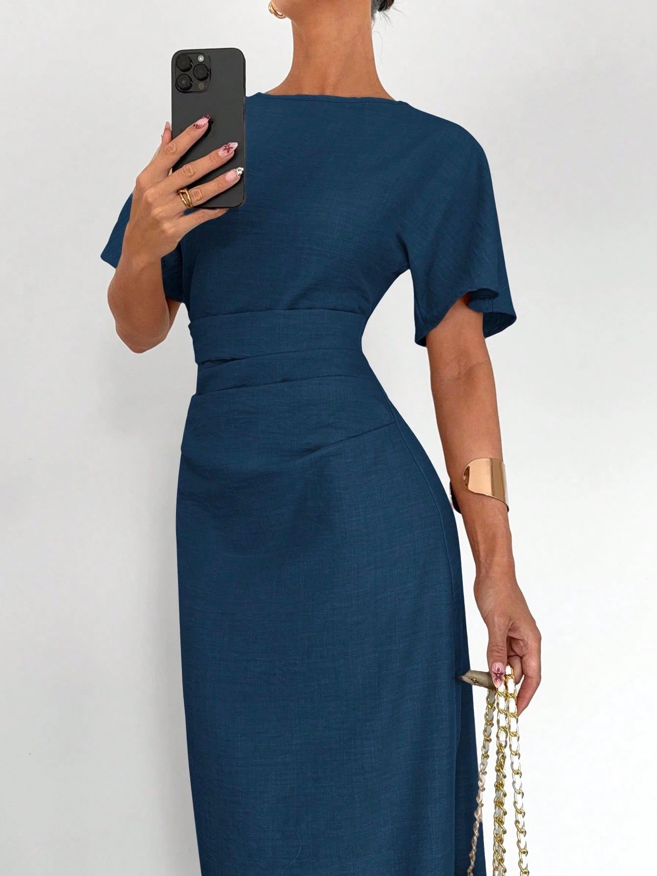 Fashzeo navy blue linen blend long dress featuring a square neck, high slit, and ruffled fishtail hem for a quiet luxury aesthetic.2