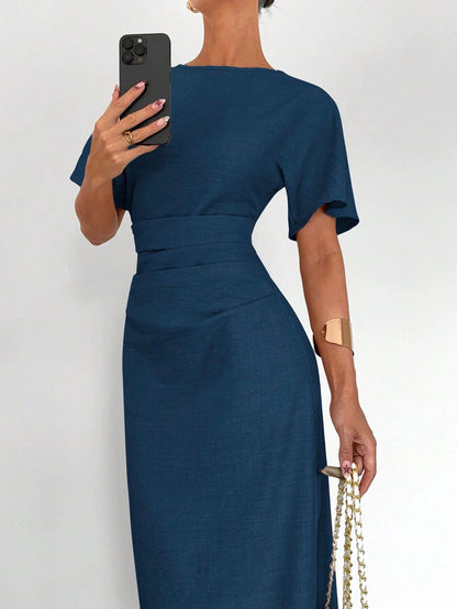 Fashzeo navy blue linen blend long dress featuring a square neck, high slit, and ruffled fishtail hem for a quiet luxury aesthetic.2