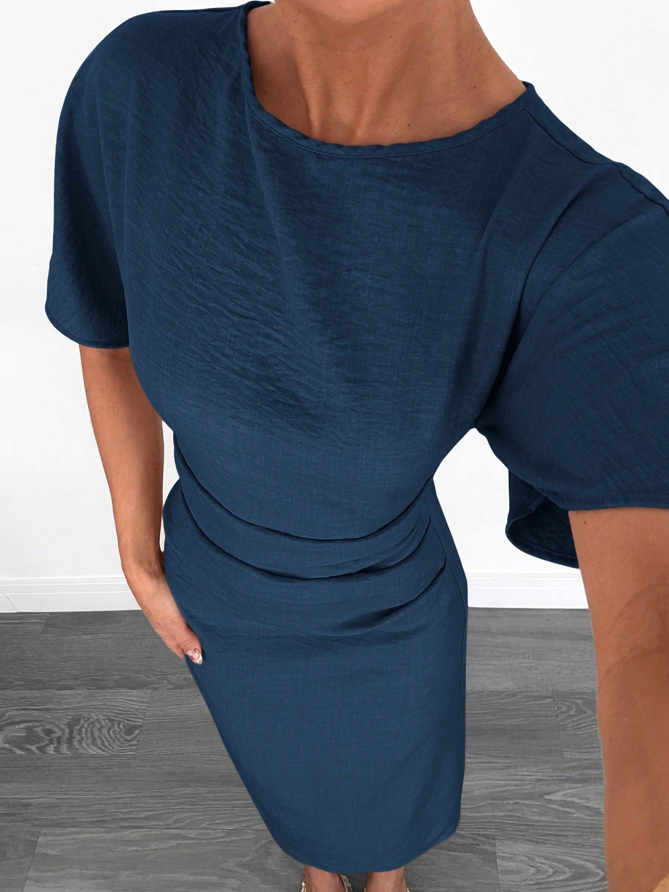 Fashzeo navy blue linen blend long dress featuring a square neck, high slit, and ruffled fishtail hem for a quiet luxury aesthetic.3