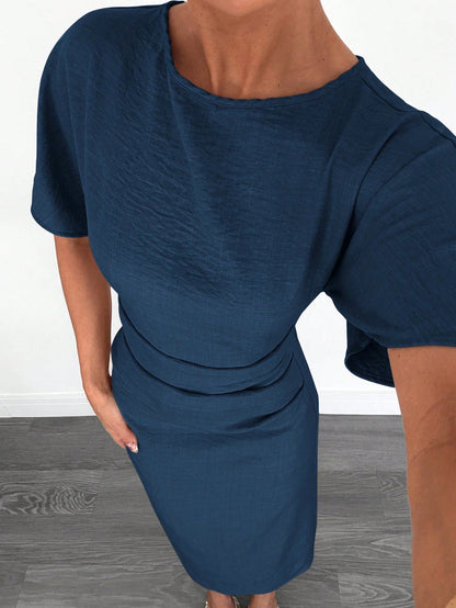 Fashzeo navy blue linen blend long dress featuring a square neck, high slit, and ruffled fishtail hem for a quiet luxury aesthetic.3