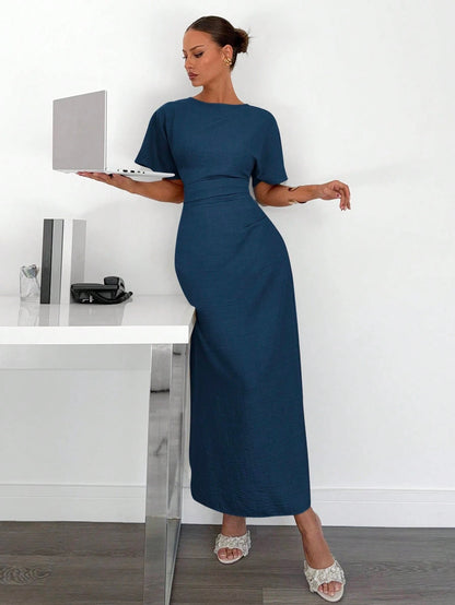 Fashzeo navy blue linen blend long dress featuring a square neck, high slit, and ruffled fishtail hem for a quiet luxury aesthetic.4