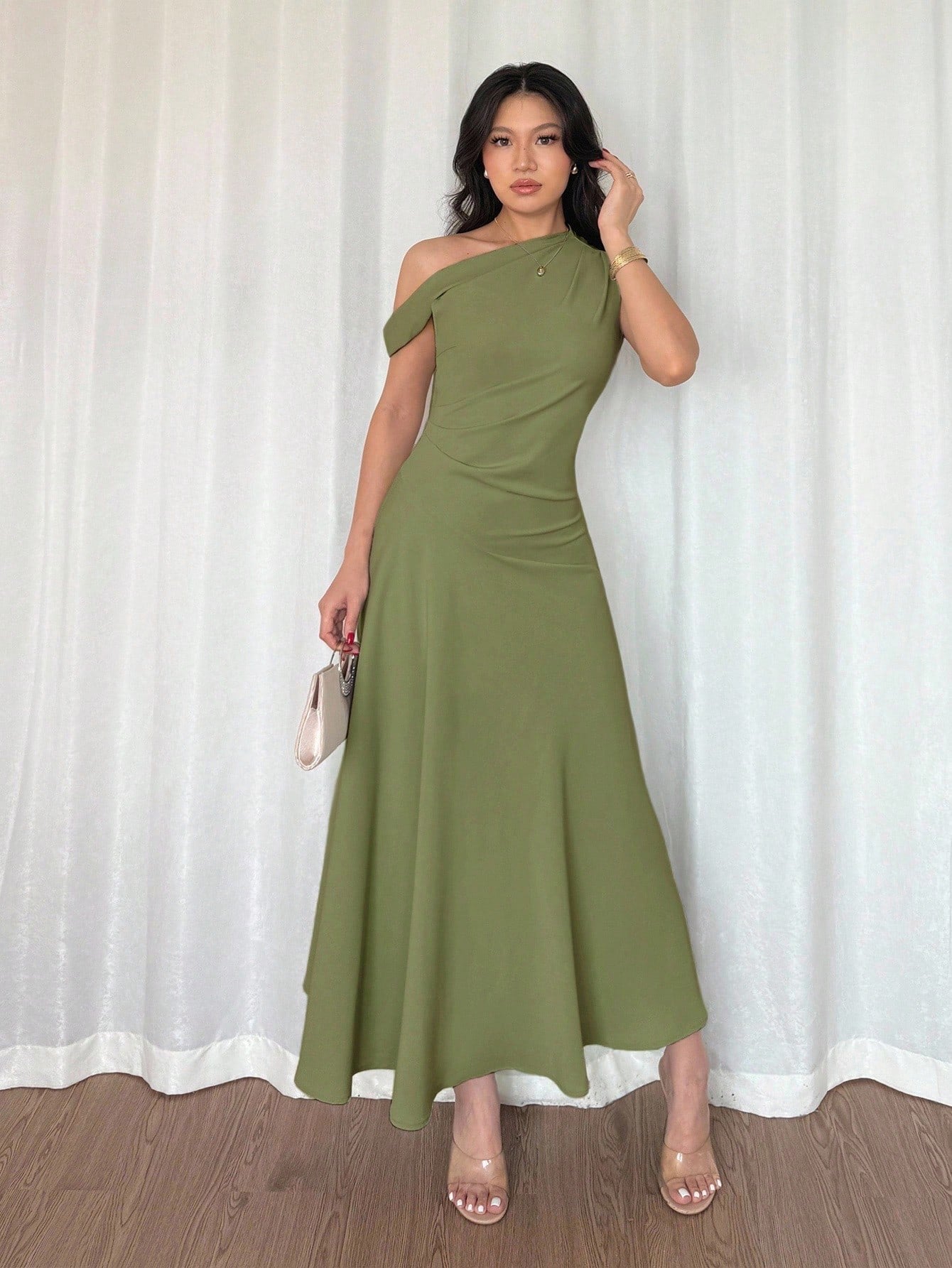 Fashzeo olive green one-shoulder fit and flare dress with dramatic ruffle detail for summer vacations and graduation ceremonies
