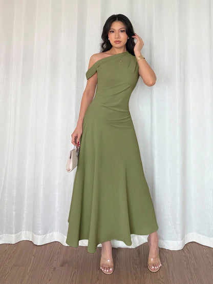 Fashzeo olive green one-shoulder fit and flare dress with dramatic ruffle detail for summer vacations and graduation ceremonies