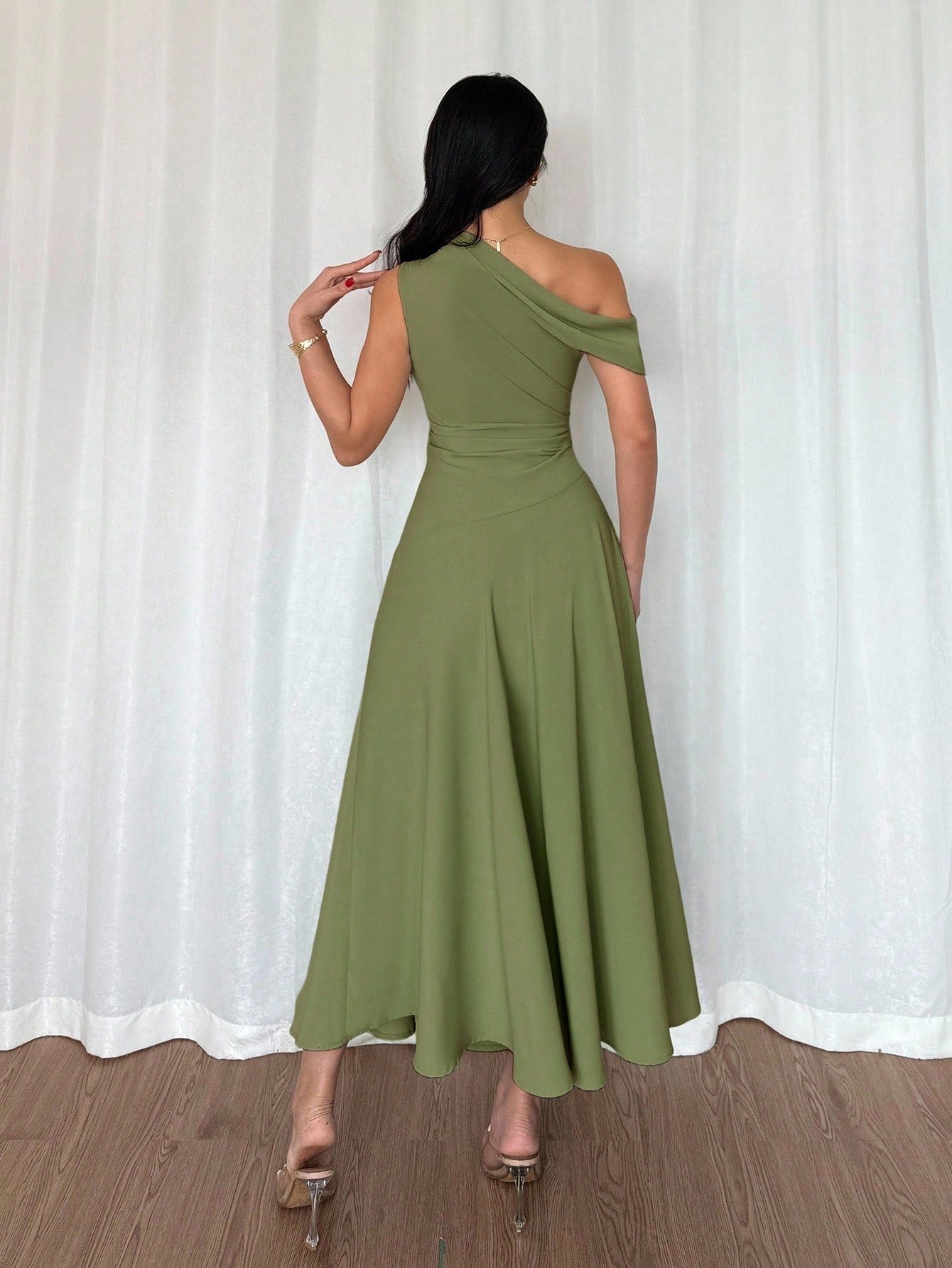Fashzeo olive green one-shoulder fit and flare dress with dramatic ruffle detail for summer vacations and graduation ceremonies1