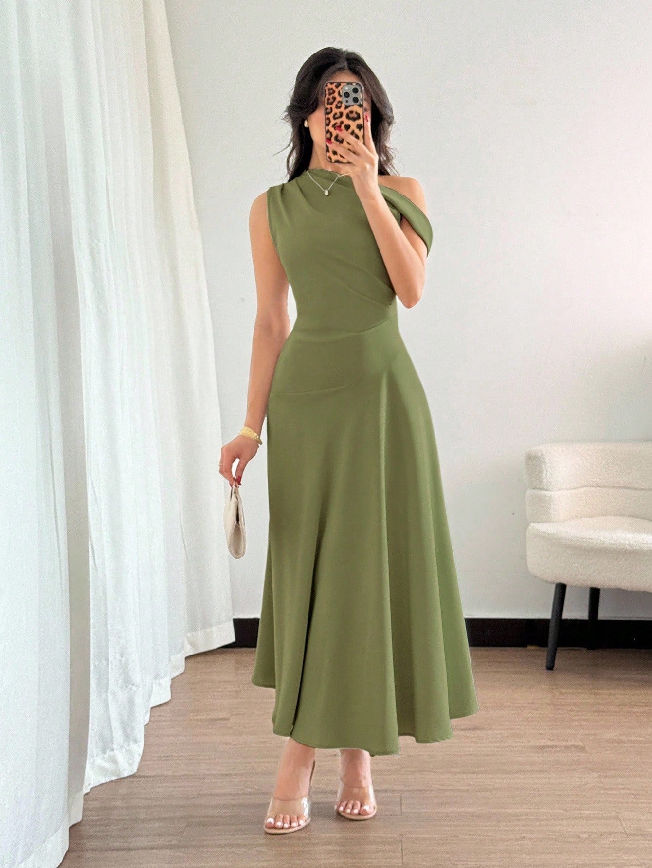 Fashzeo olive green one-shoulder fit and flare dress with dramatic ruffle detail for summer vacations and graduation ceremonies3