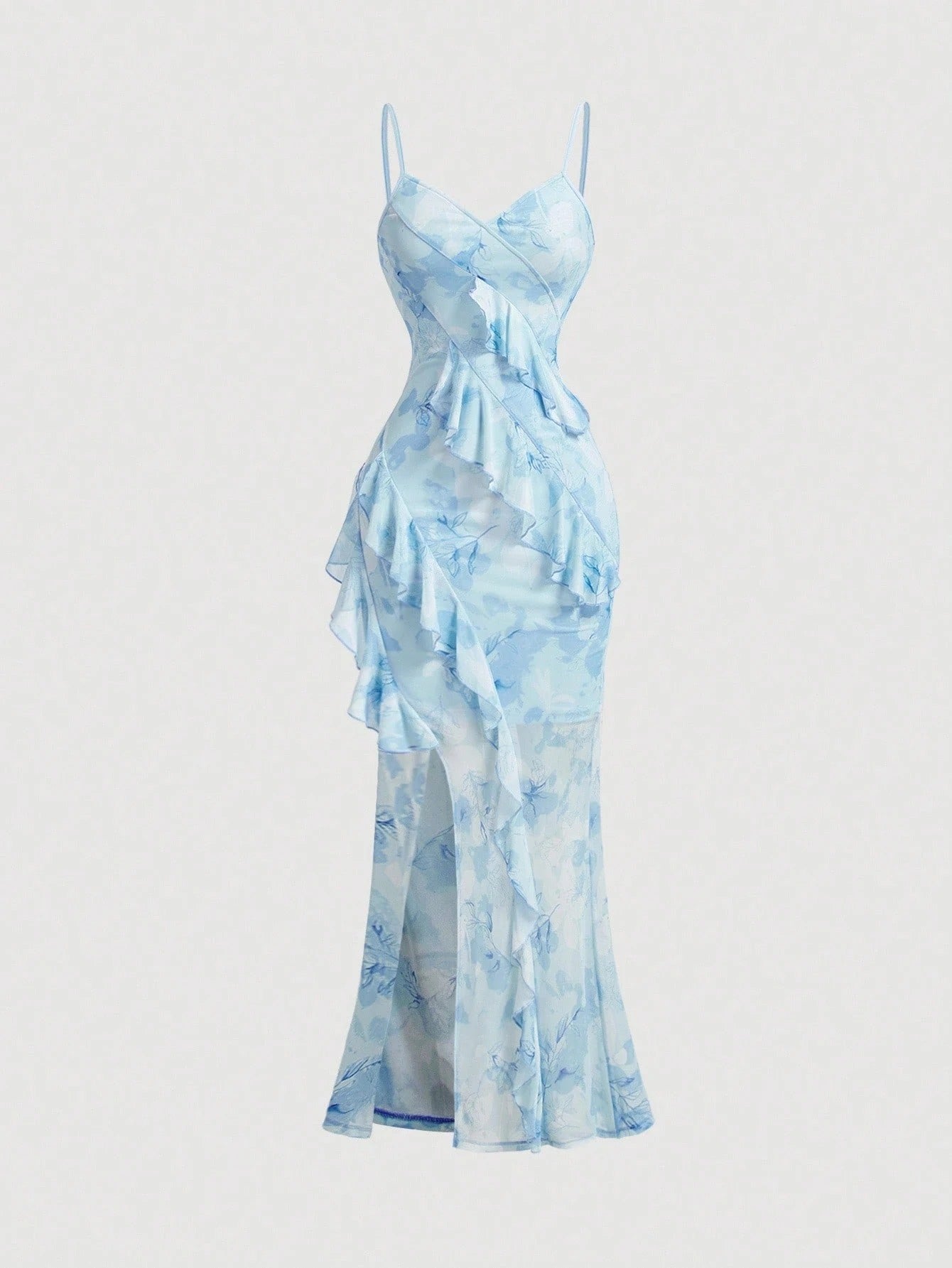 Fashzeo pastel blue tie-dye long dress with ruffle trim V-neck and sexy high side slit for summer vacation fashion.