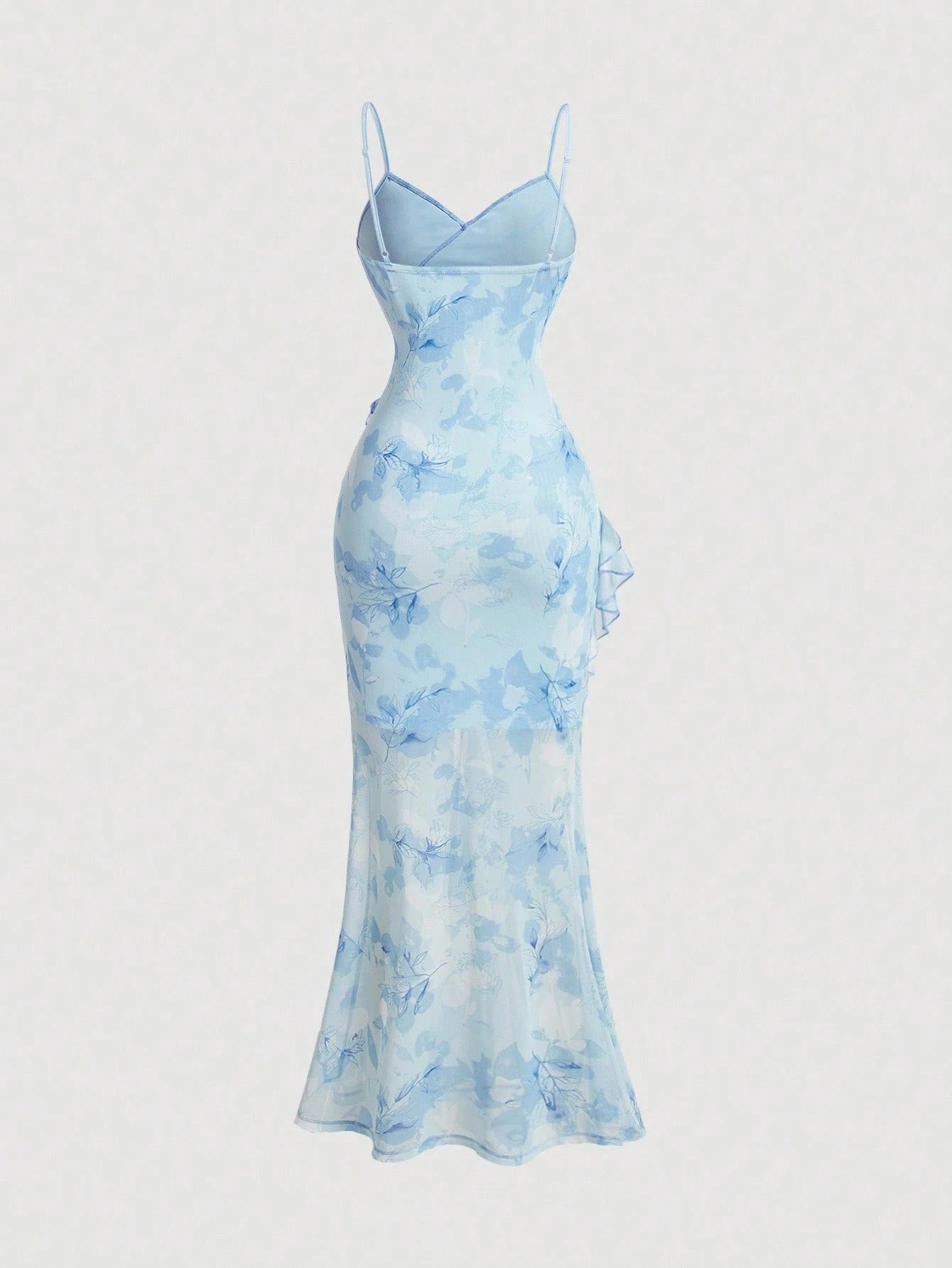 Fashzeo pastel blue tie-dye long dress with ruffle trim V-neck and sexy high side slit for summer vacation fashion.1