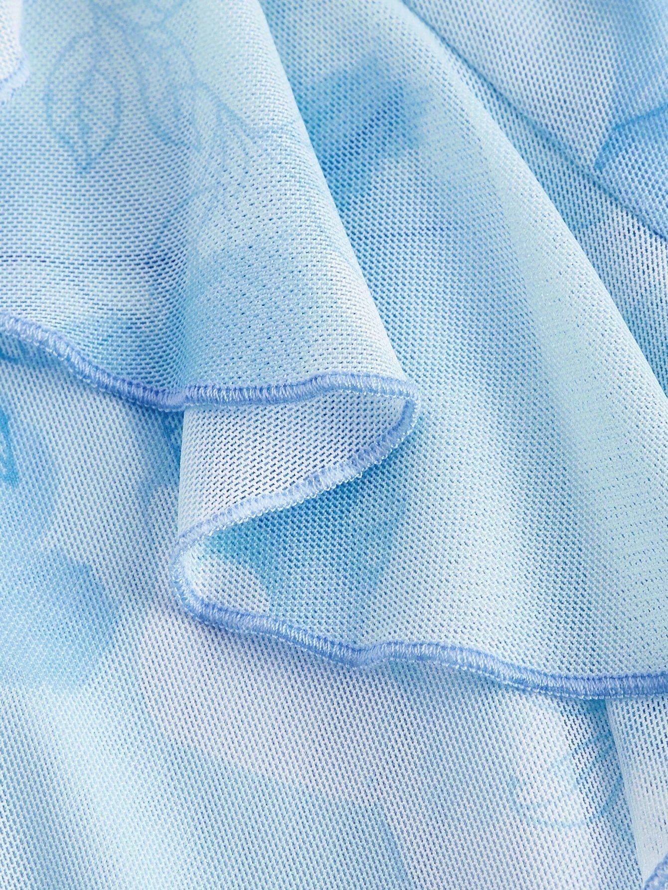Fashzeo pastel blue tie-dye long dress with ruffle trim V-neck and sexy high side slit for summer vacation fashion.2