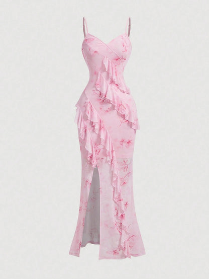 Fashzeo pastel pink tie-dye long dress with ruffle trim V-neck and sexy high side slit for summer vacation fashion.
